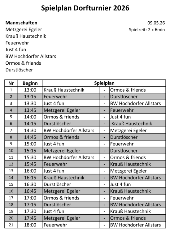TGV-Dorfturnier 2026 / Spielplan